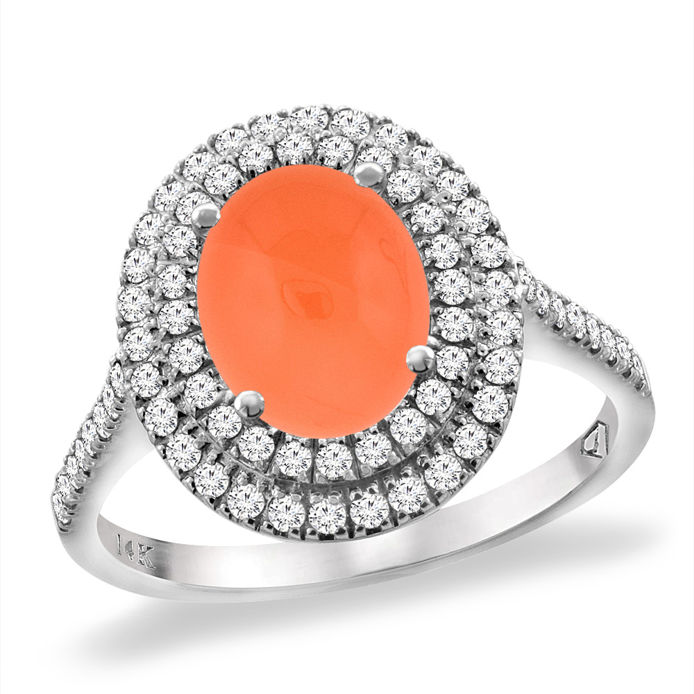14K White Gold Natural Orange Moonstone Two Halo Diamond Engagement Ring 9x7 mm Oval, sizes 5 -10