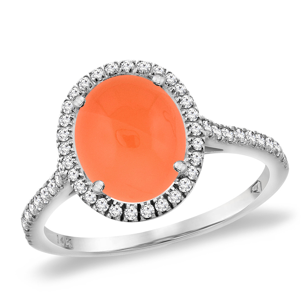 14K White Gold Natural Orange Moonstone Diamond Halo Engagement Ring 10x8 mm Oval, sizes 5 -10