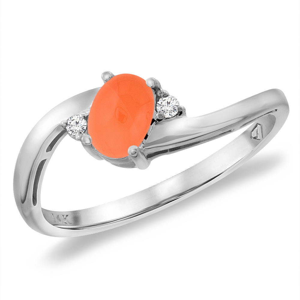 14K White Gold Diamond Natural Orange Moonstone Bypass Engagement Ring Oval 6x4 mm, sizes 5 -10