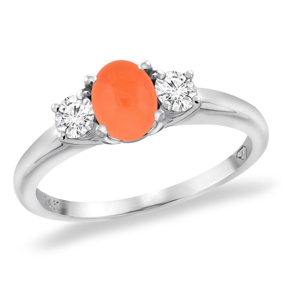 14K White Gold Natural Orange Moonstone Engagement Ring Diamond Accents Oval 7x5 mm, sizes 5 -10