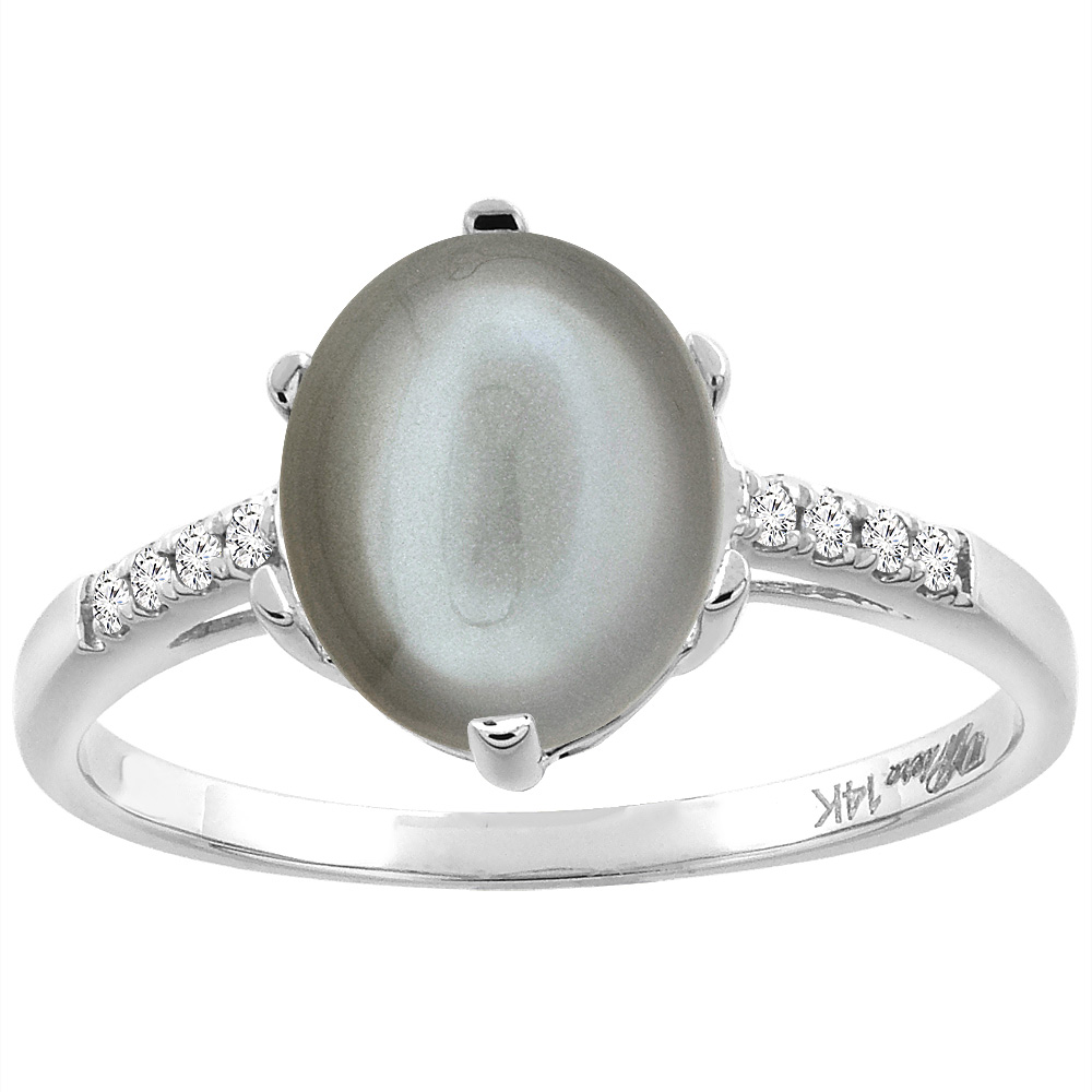 14K White Gold Natural Gray Moonstone & Diamond Ring Oval 10x8 mm, sizes 5-10