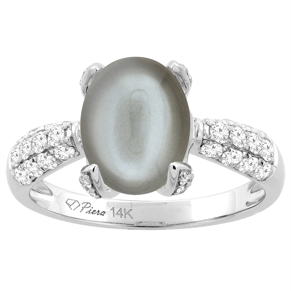 14K White Gold Natural Gray Moonstone Engagement Ring Oval 16x12 mm & Diamond Accents, sizes 5 - 10