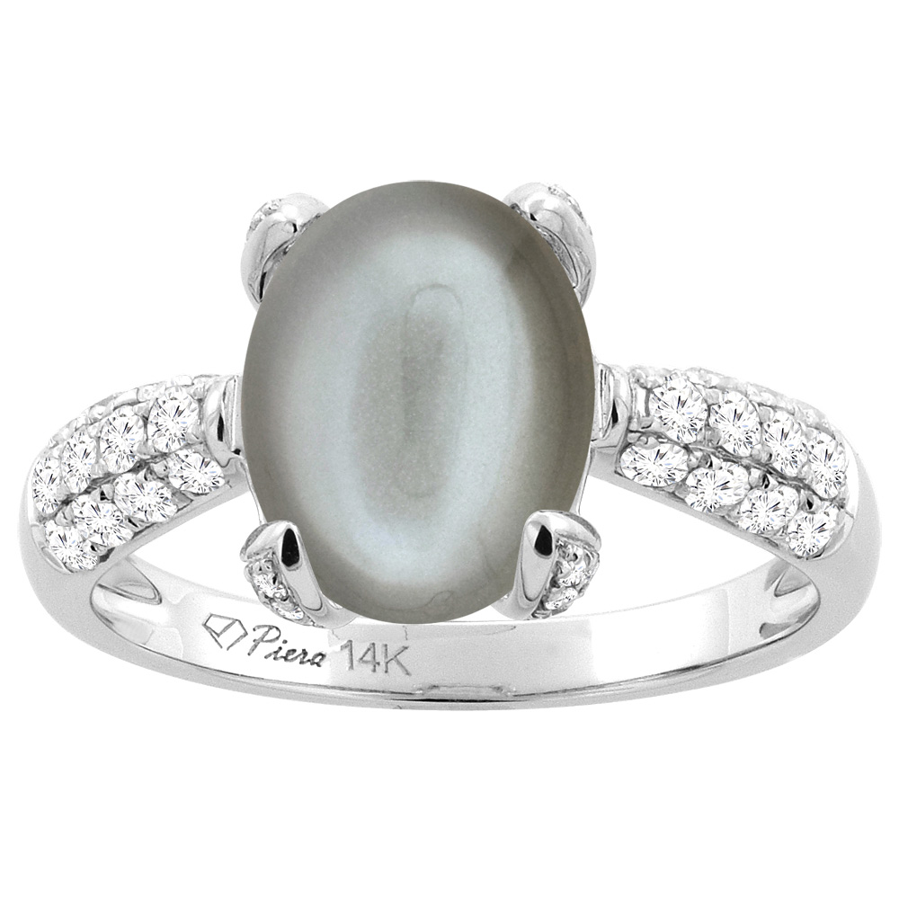 14K White Gold Natural Gray Moonstone Engagement Ring Oval 11x9 mm & Diamond Accents, sizes 5 - 10