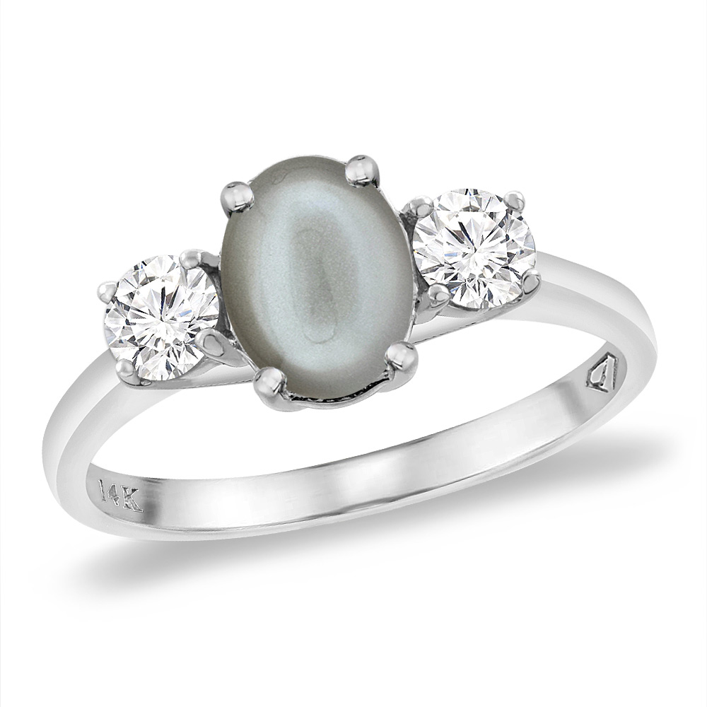 14K White Gold Natural Gray Moonstone & 2pc. Diamond Engagement Ring Oval 8x6 mm, sizes 5 -10