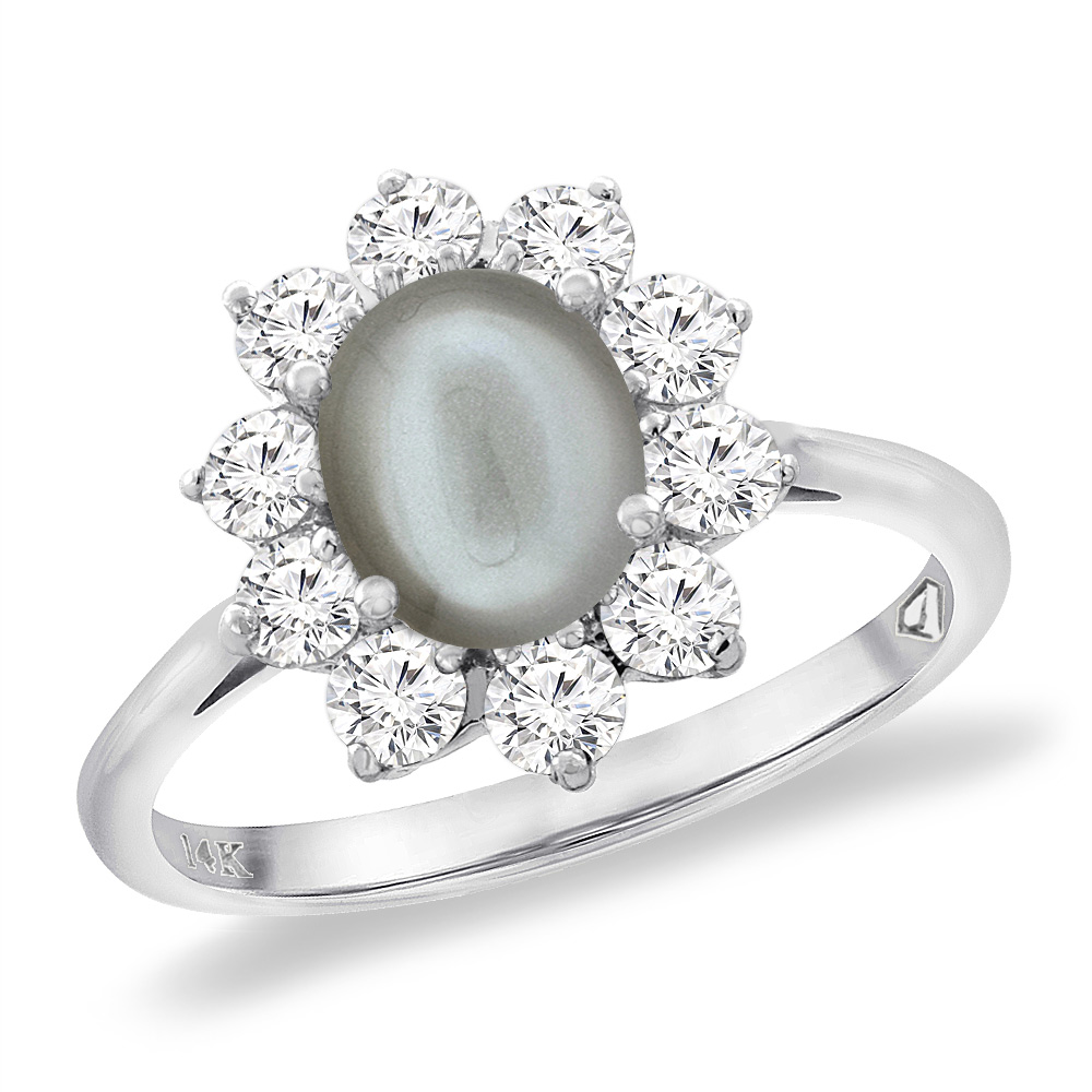 14K White Gold Diamond Natural Gray Moonstone Engagement Ring Oval 8x6 mm, sizes 5 -10