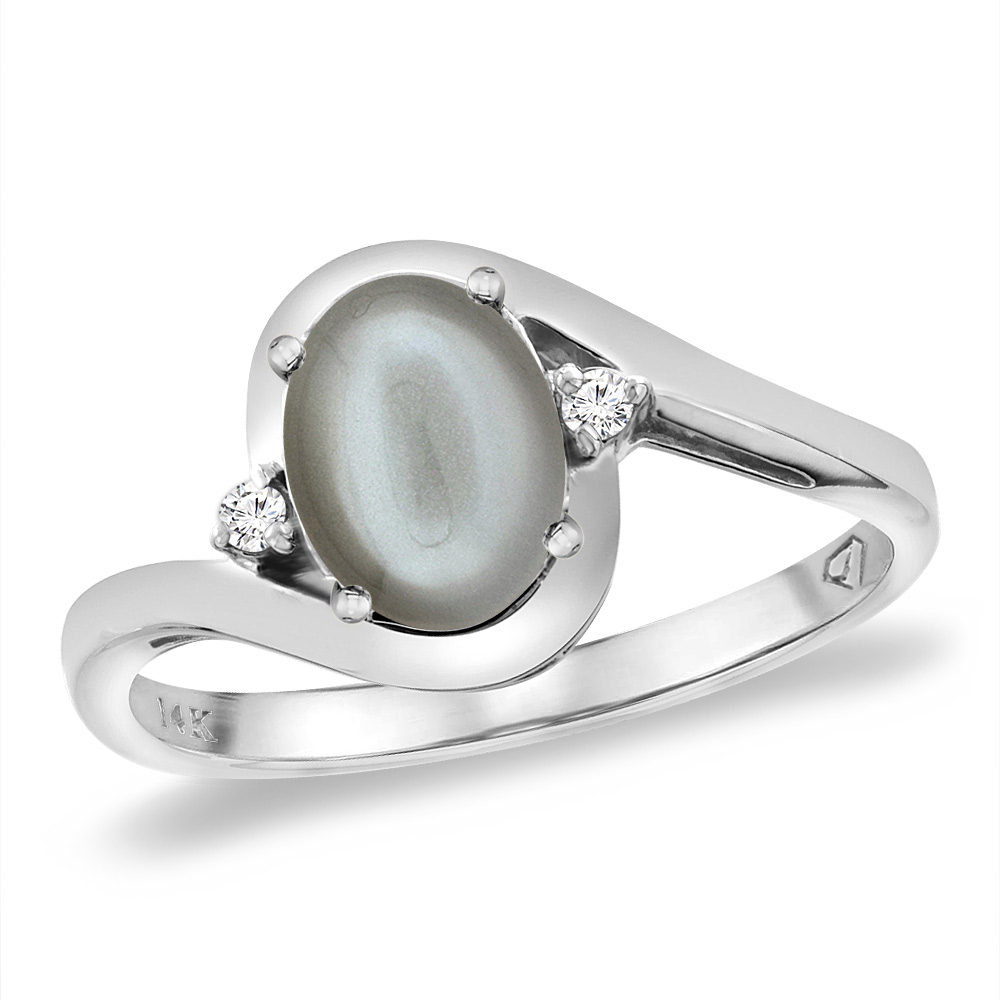 14K White Gold Diamond Natural Gray Moonstone Bypass Engagement Ring Oval 8x6 mm, sizes 5 -10