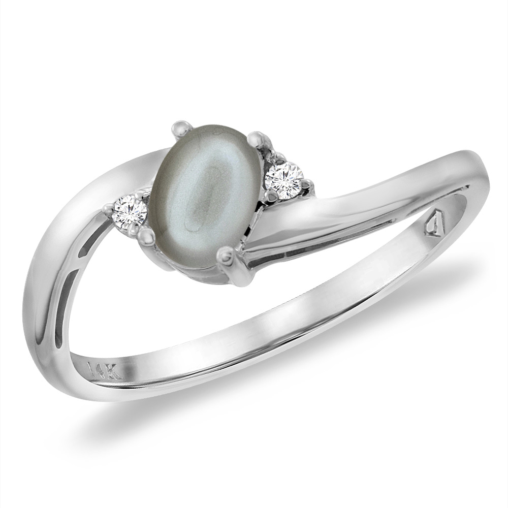 14K White Gold Diamond Natural Gray Moonstone Bypass Engagement Ring Oval 6x4 mm, sizes 5 -10