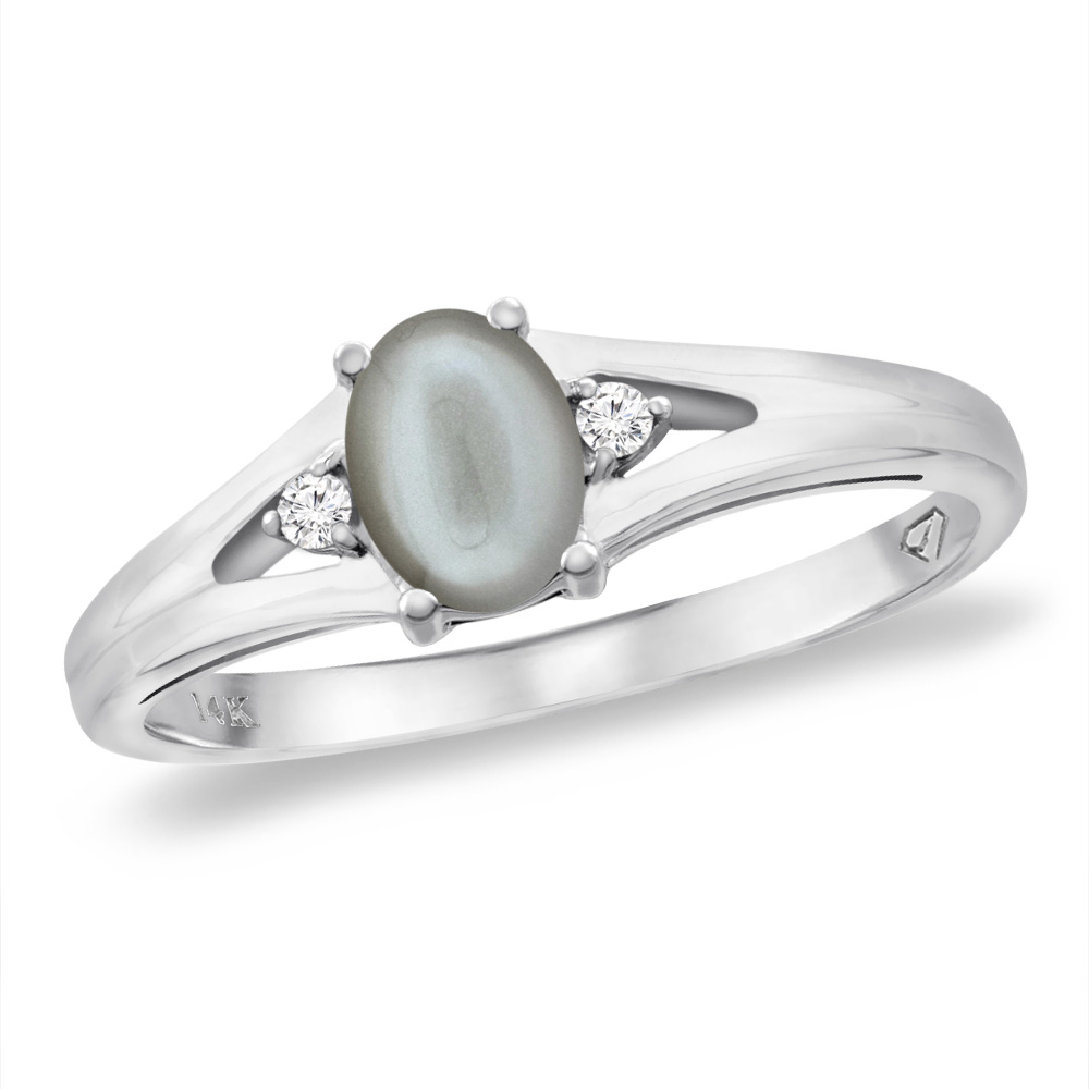 14K White Gold Diamond Natural Gray Moonstone Engagement Ring Oval 6x4 mm, sizes 5 -10