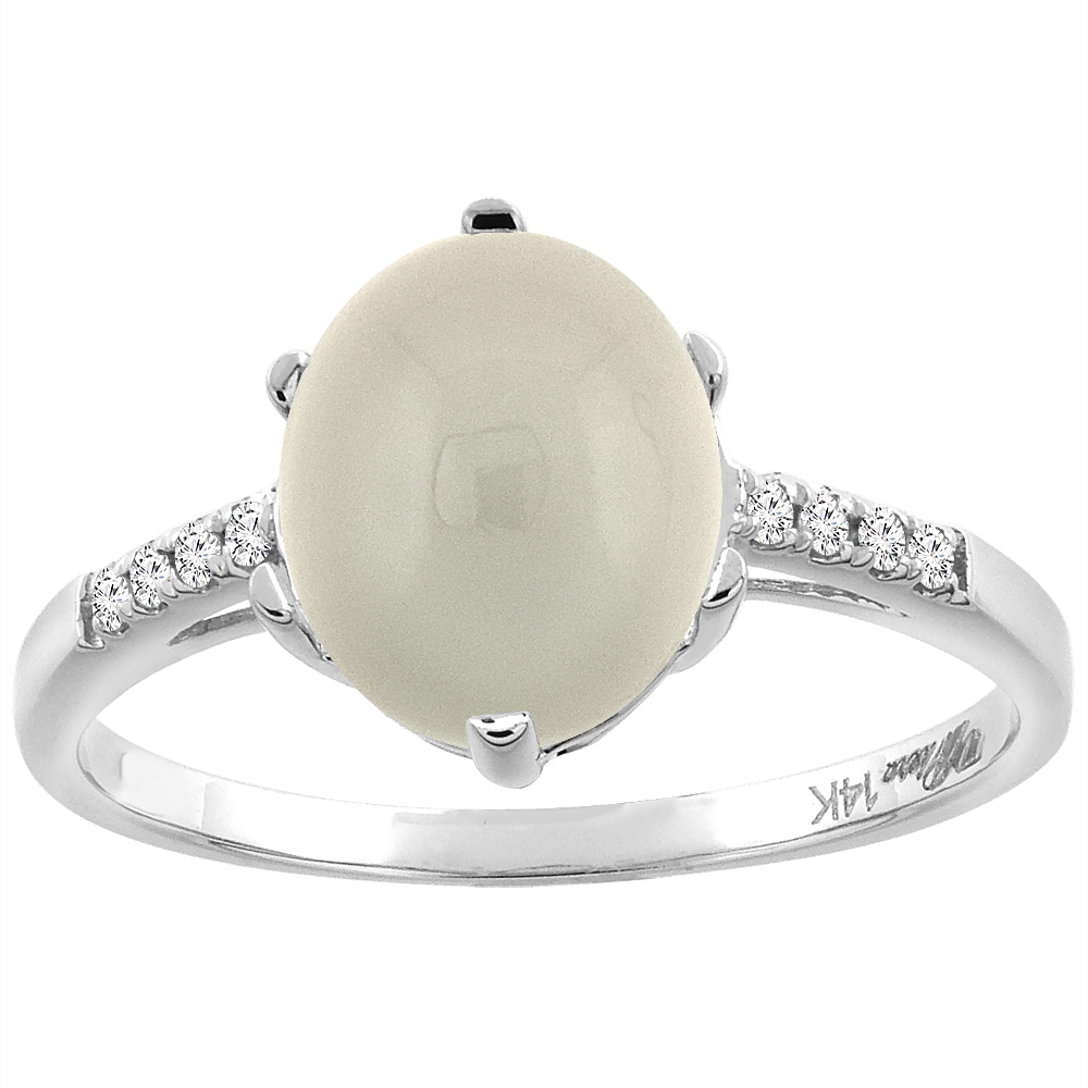 14K White Gold Natural Light Gray Moonstone & Diamond Ring Oval 10x8 mm, sizes 5-10