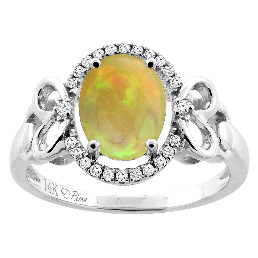 14K Gold Natural Ethiopian Opal Halo Engagement Ring Oval 9x7 mm Diamond & Heart Accents, size 5 - 10