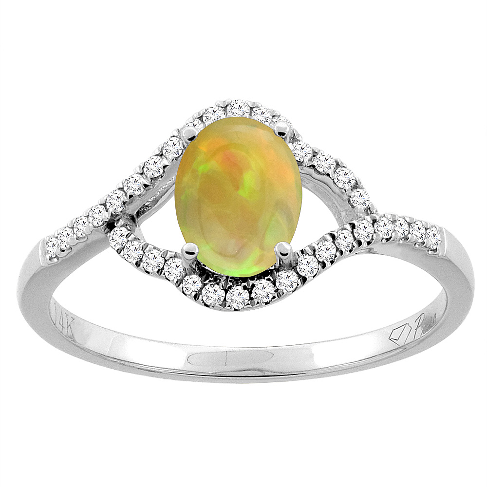 14K Gold Diamond Natural Ethiopian Opal Engagement Ring Oval 7x5 mm, size 5 - 10