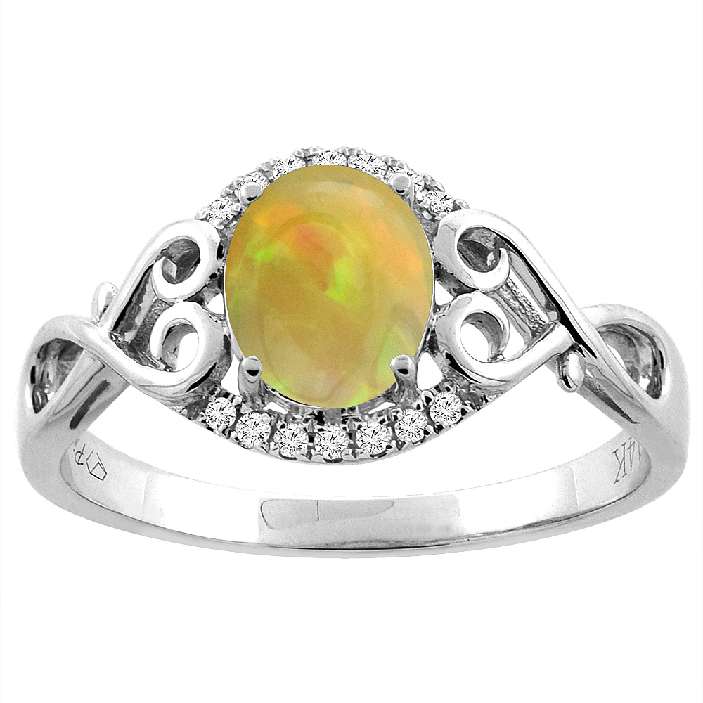 14K Gold Natural Ethiopian Opal Engagement Ring Oval 8x6 mm Diamond &amp; Heart Accents, size 5 - 10