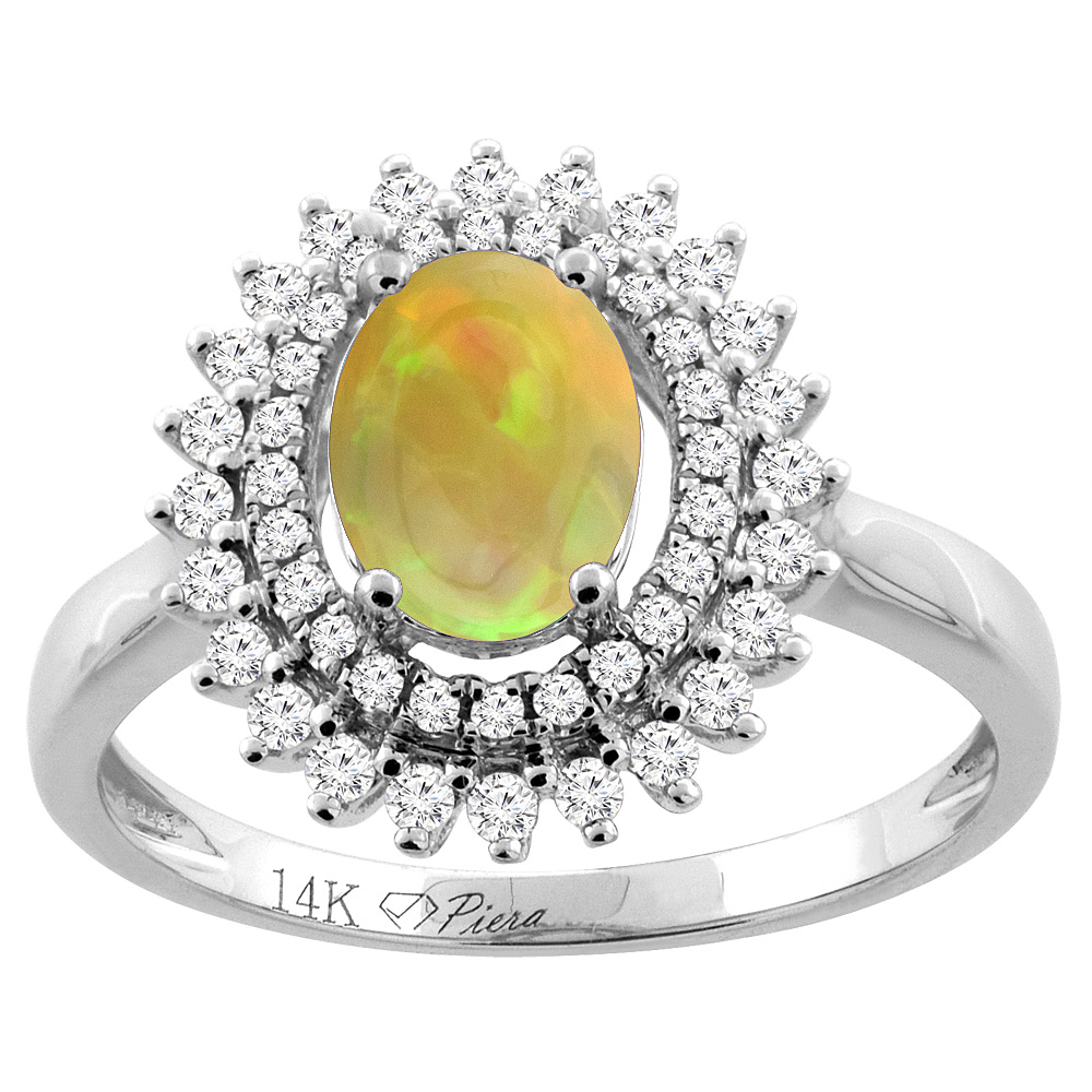 14K Gold Diamond Double Halo Natural Ethiopian Opal Engagement Ring Oval 8x6 mm, size 5 - 10