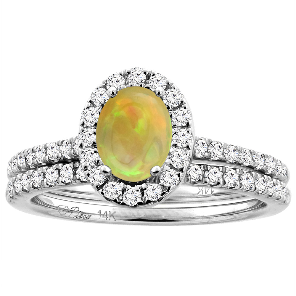 14K White/Yellow Gold Diamond Halo Natural Ethiopian Opal 2pc Engagement Ring Set Oval 7x5 mm, sizes 5-10