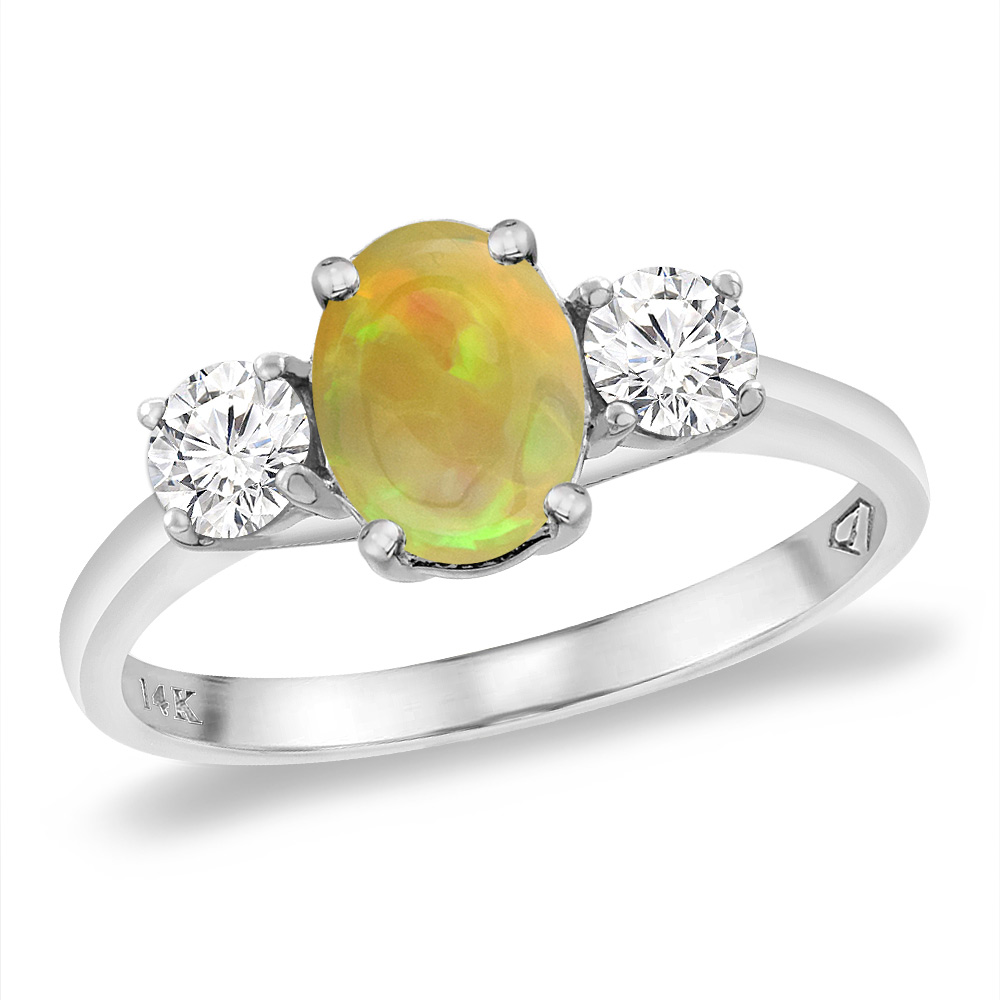 14K White Gold Natural Ethiopian Opal &amp; 2pc. Diamond Engagement Ring Oval 8x6 mm, sizes 5 -10