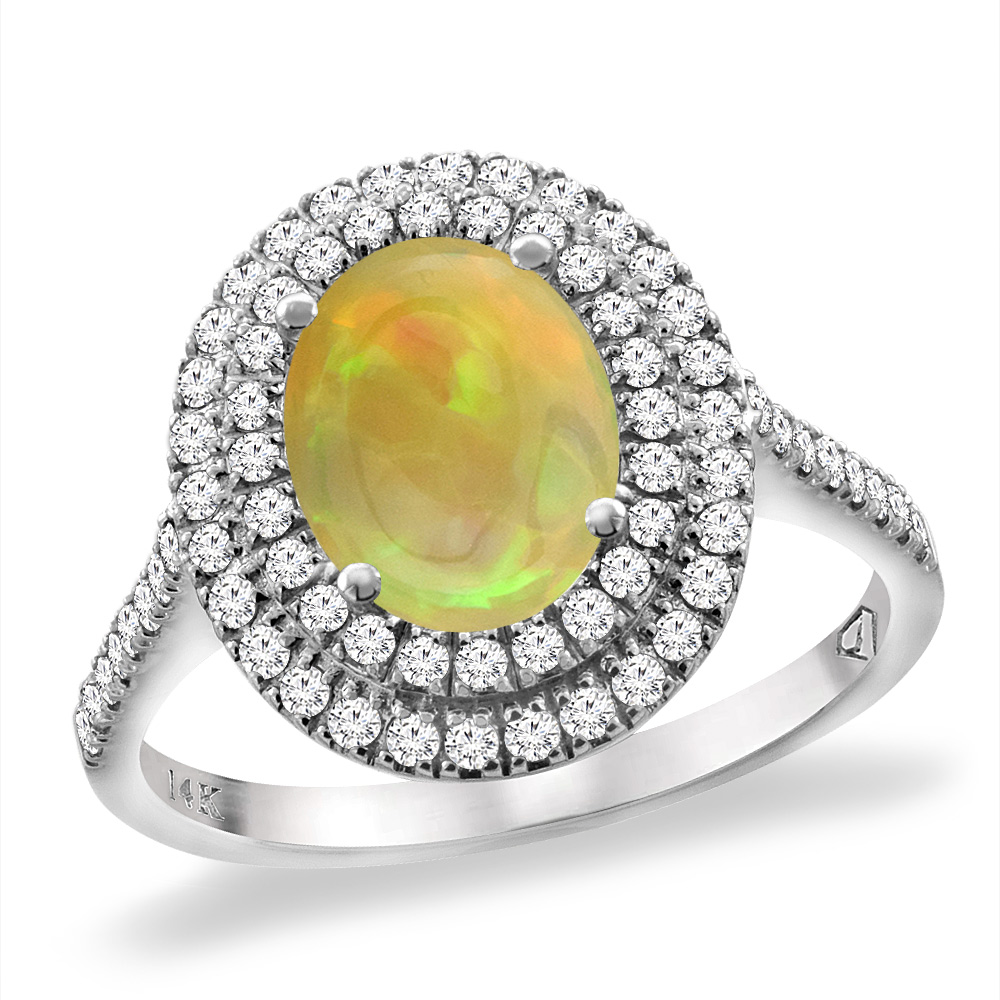 14K White Gold Natural Ethiopian Opal Two Halo Diamond Engagement Ring 9x7 mm Oval, sizes 5 -10