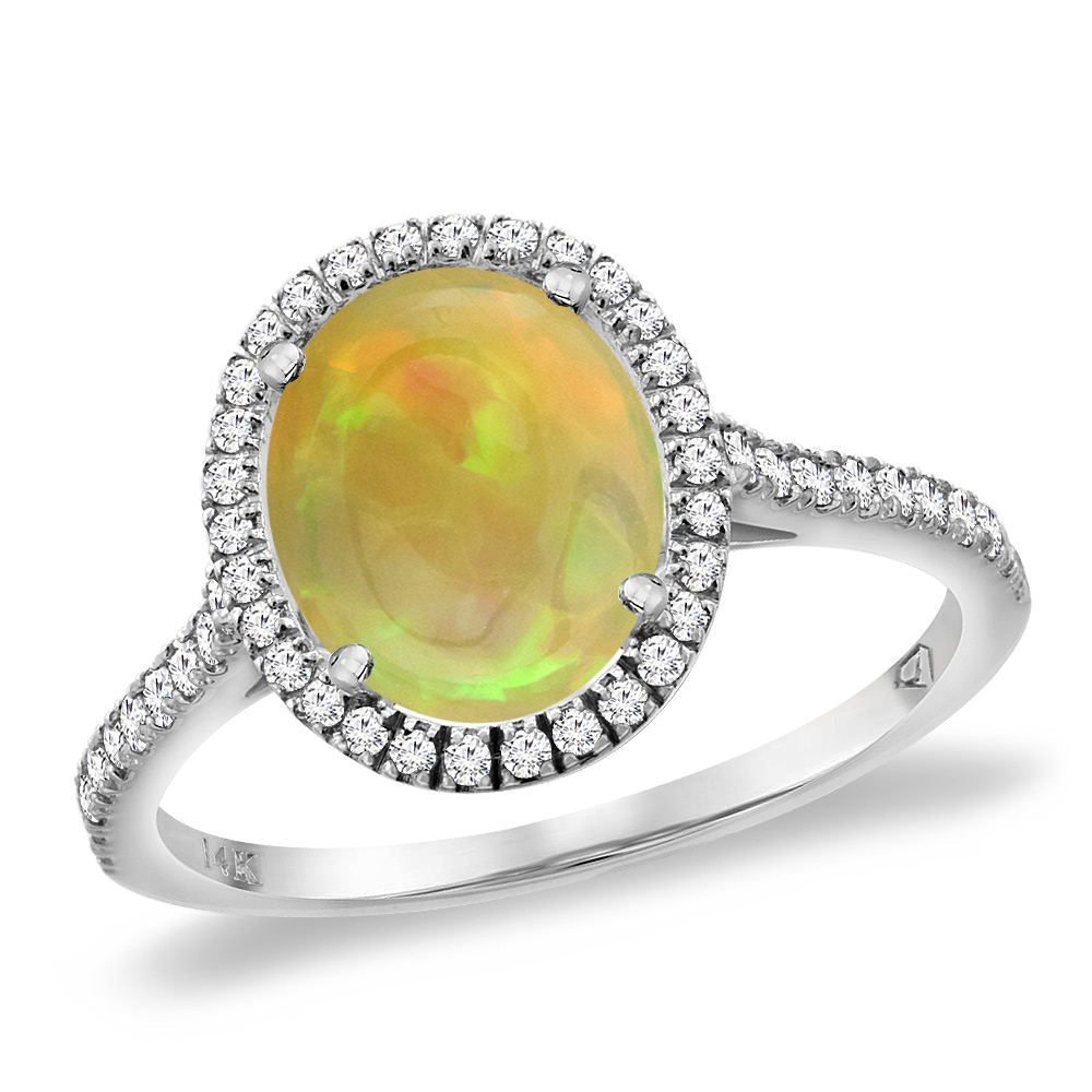 14K White Gold Natural Ethiopian Opal Diamond Halo Engagement Ring 10x8 mm Oval, sizes 5 -10