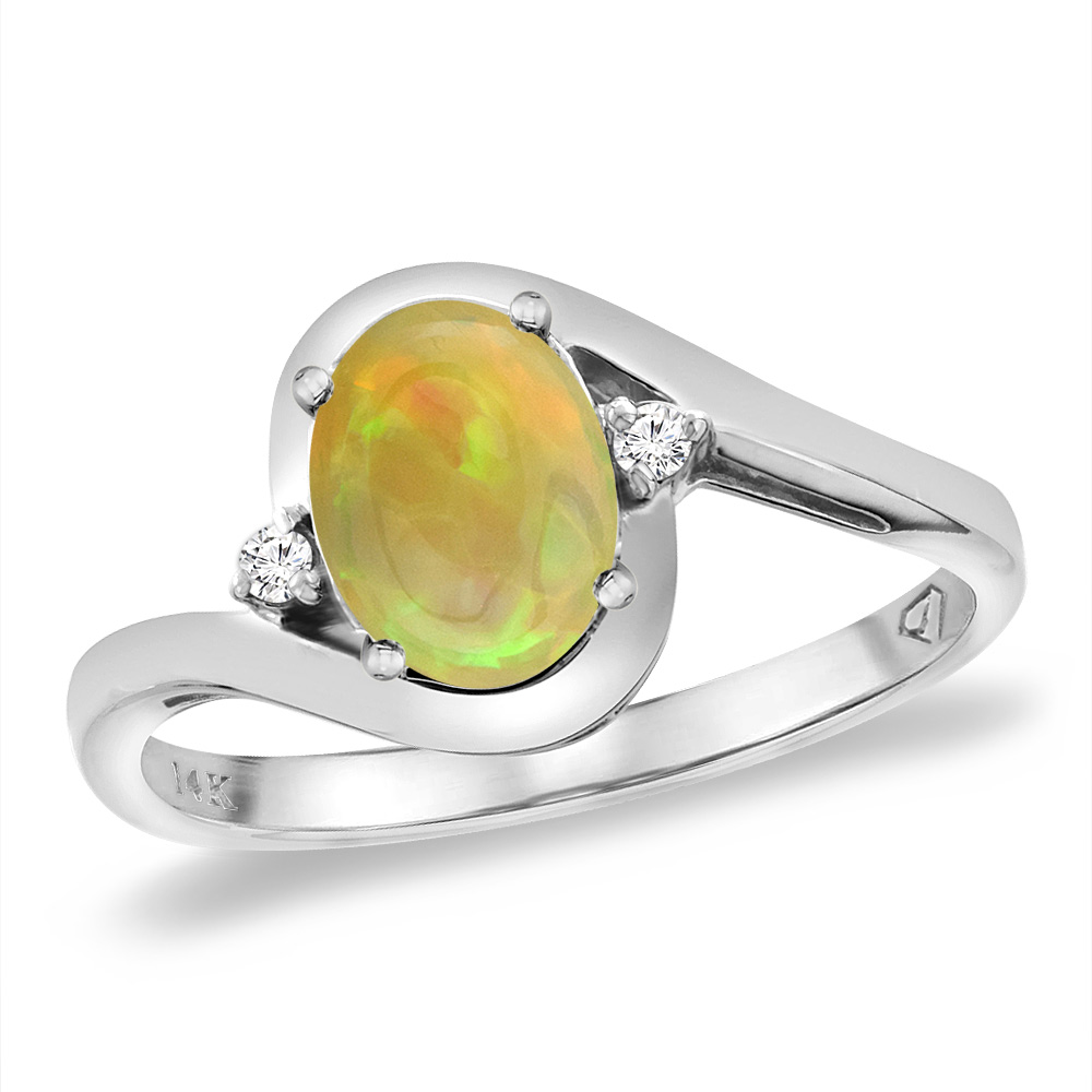 14K White Gold Diamond Natural Ethiopian Opal Bypass Engagement Ring Oval 8x6 mm, sizes 5 -10