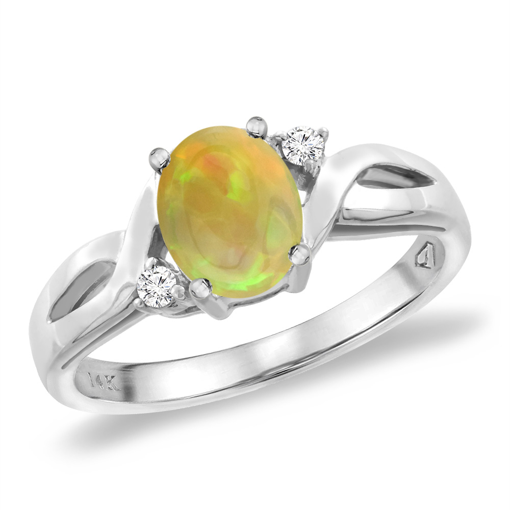 14K White Gold Diamond Natural Ethiopian Opal Engagement Ring Oval 8x6 mm, sizes 5 -10