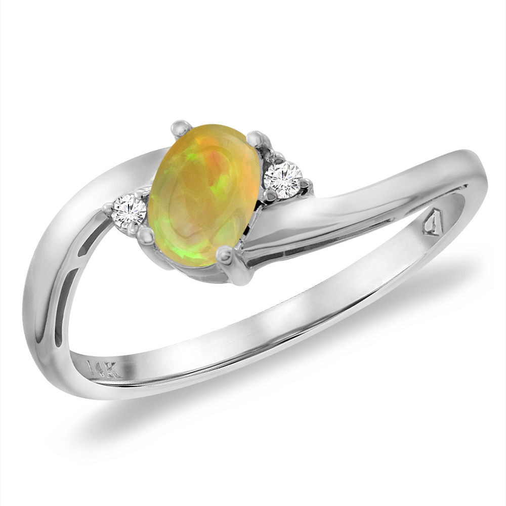 14K White Gold Diamond Natural Ethiopian Opal Bypass Engagement Ring Oval 6x4 mm, sizes 5 -10