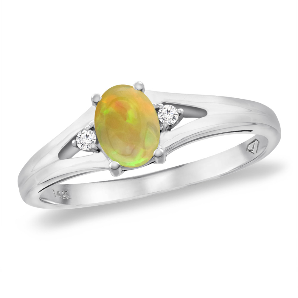 14K White Gold Diamond Natural Ethiopian Opal Engagement Ring Oval 6x4 mm, sizes 5 -10