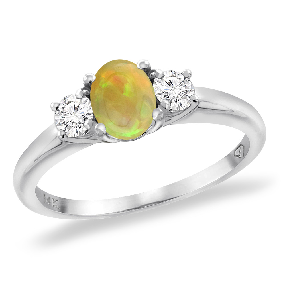 14K White Gold Natural Ethiopian Opal Engagement Ring Diamond Accents Oval 7x5 mm, sizes 5 -10