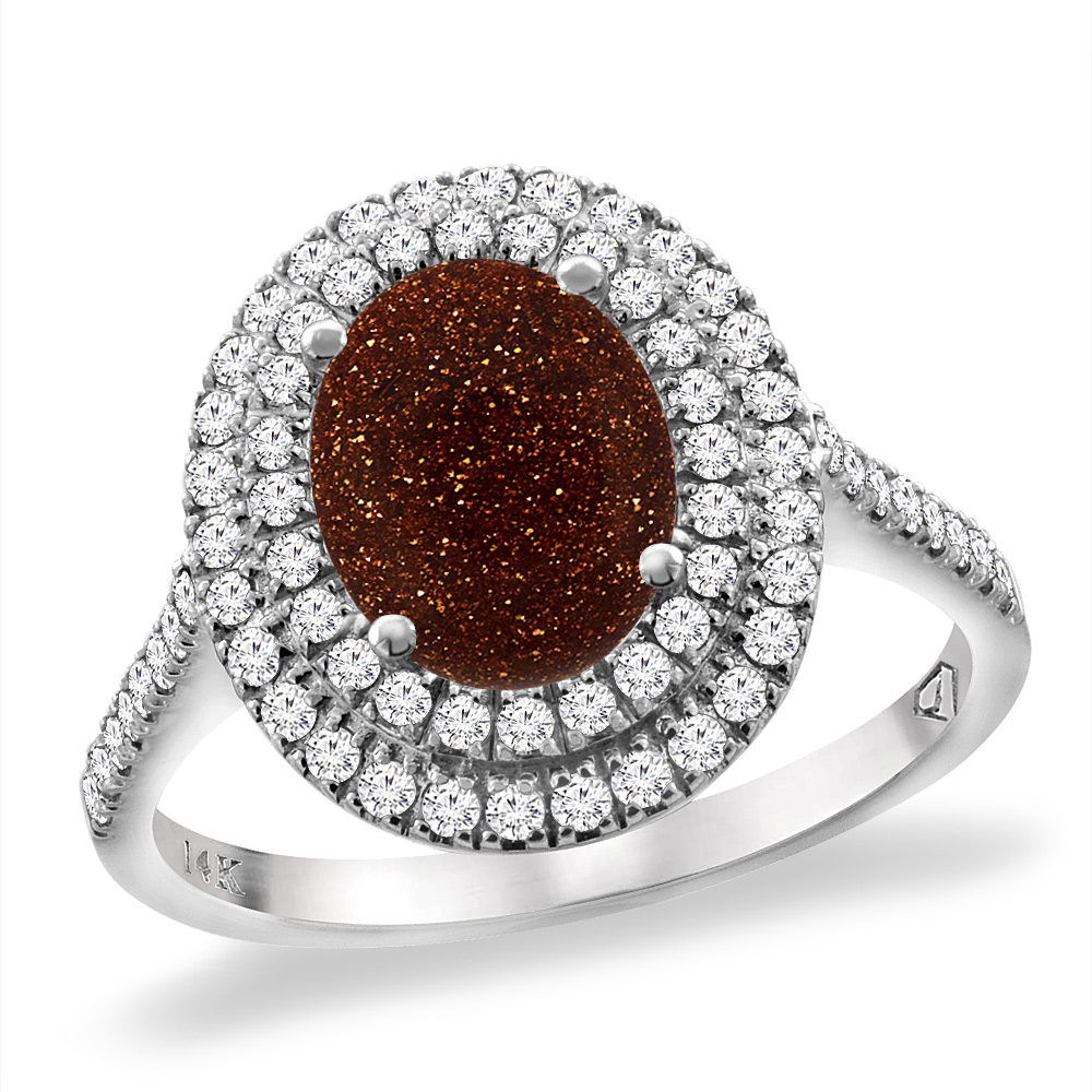 14K White Gold Natural Gold Goldstone Two Halo Diamond Engagement Ring 9x7 mm Oval, sizes 5 -10