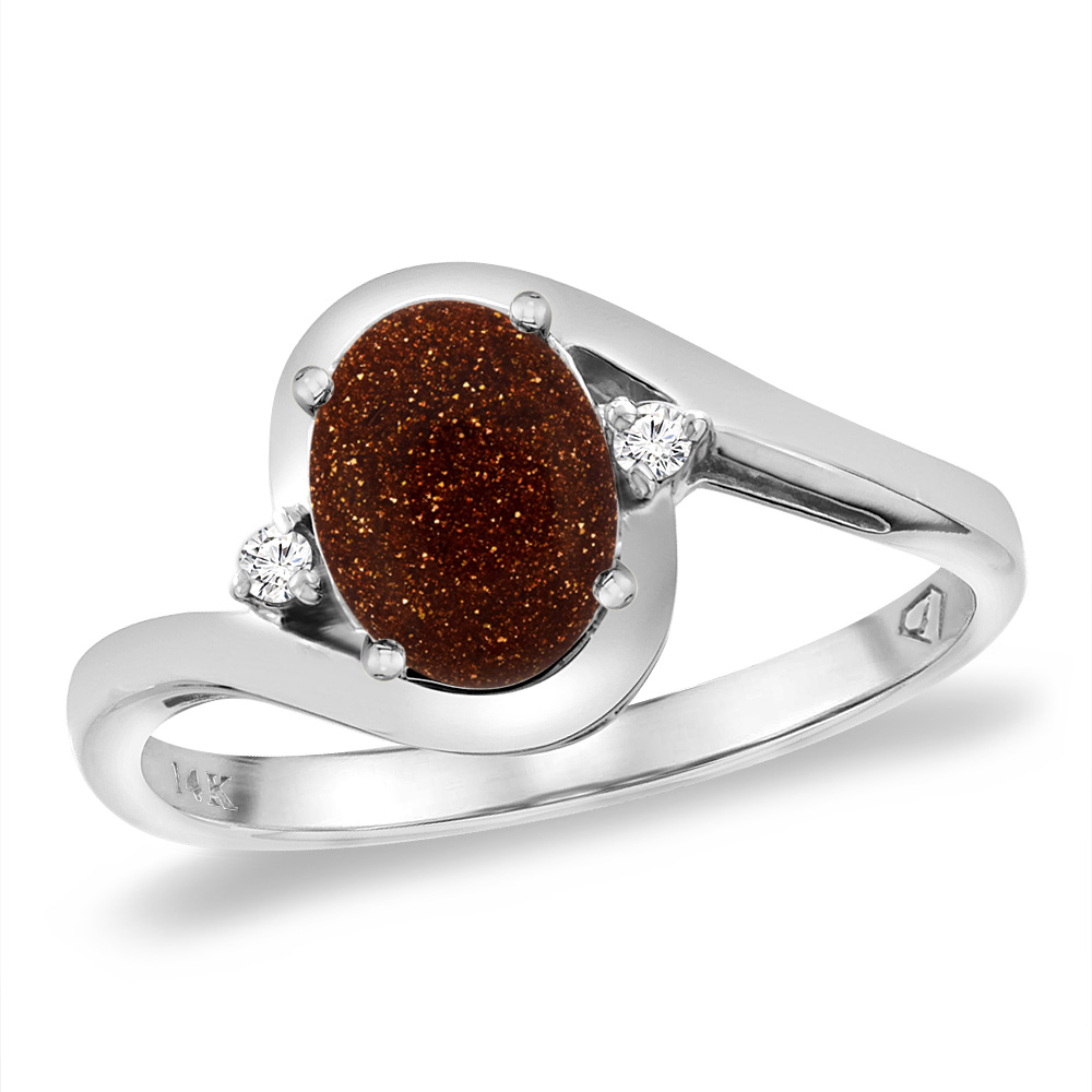 14K White Gold Diamond Natural Goldstone Bypass Engagement Ring Oval 8x6 mm, sizes 5 -10
