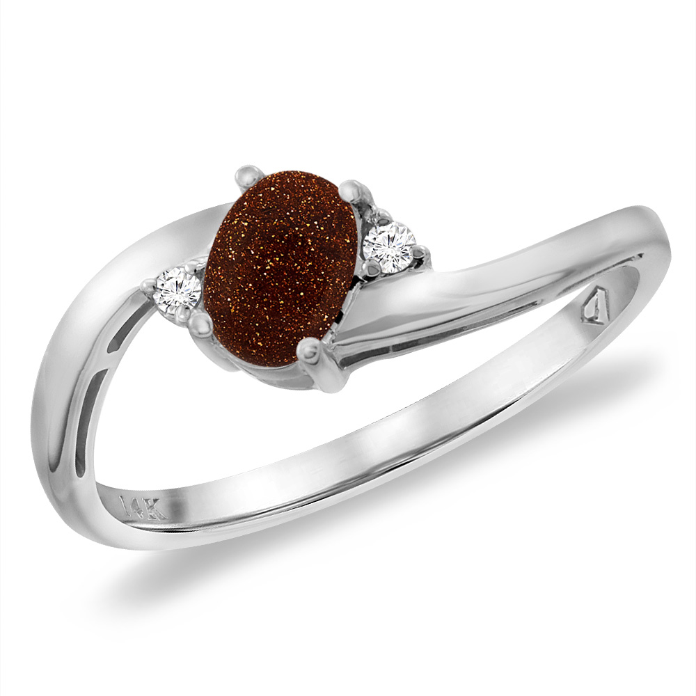 14K White Gold Diamond Natural Goldstone Bypass Engagement Ring Oval 6x4 mm, sizes 5 -10
