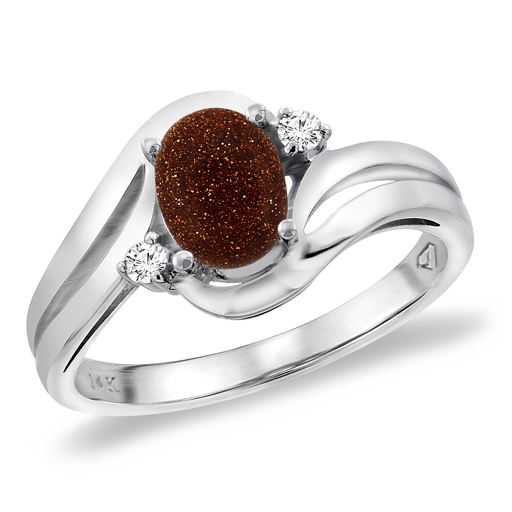 14K White Gold Diamond Natural Goldstone Bypass Engagement Ring Oval 8x6 mm, sizes 5 -10