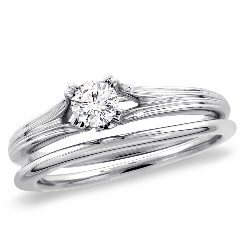 14K White Gold 1 ct Cubic Zirconia 2pc Solitaire Engagement Ring Set Round 6 mm, sizes 5-10