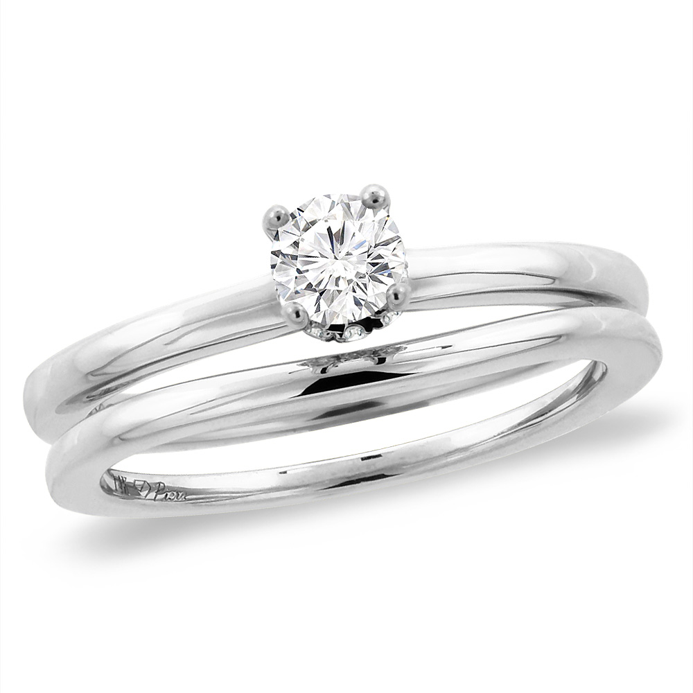 14K White Gold 1 ct Cubic Zirconia 2pc Solitaire Engagement Ring Set Round 6 mm, sizes 5-10