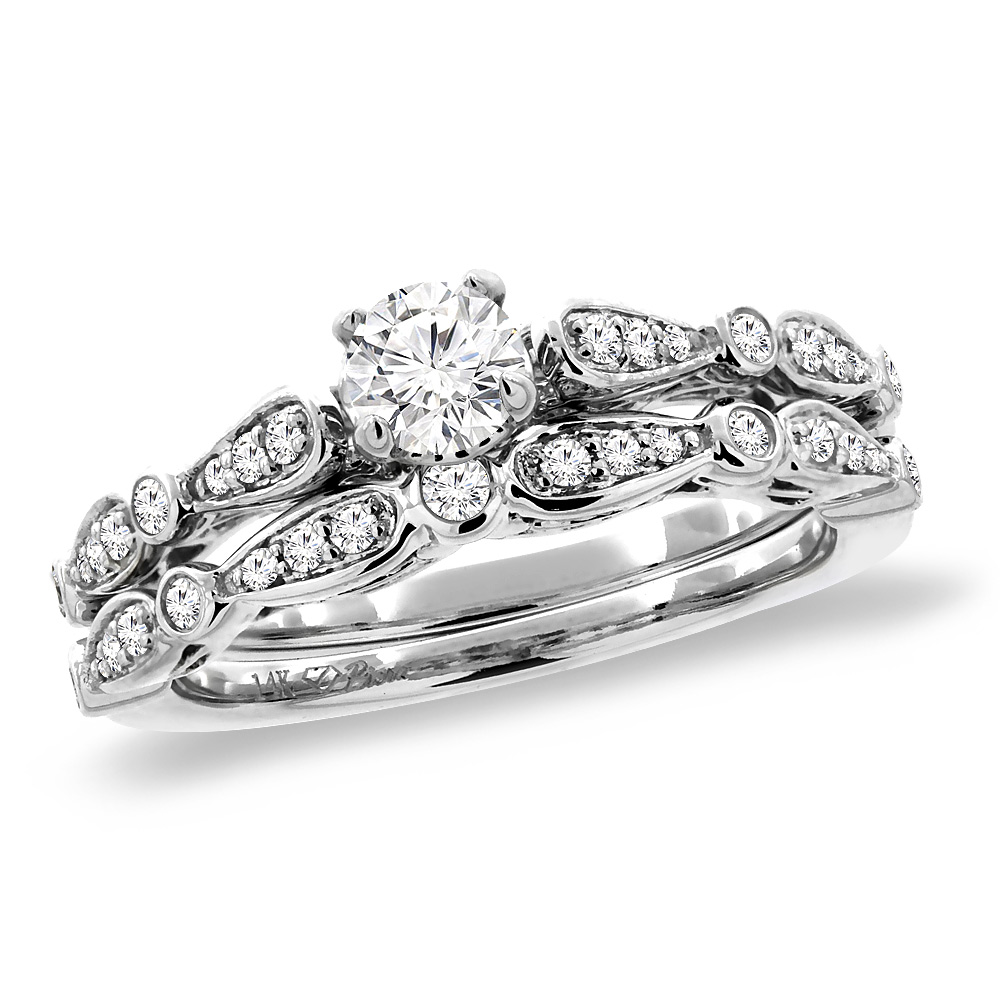 14K White Gold 0.25 ct Cubic Zirconia 2pc Engagement Ring Set Round 4 mm, size5-10