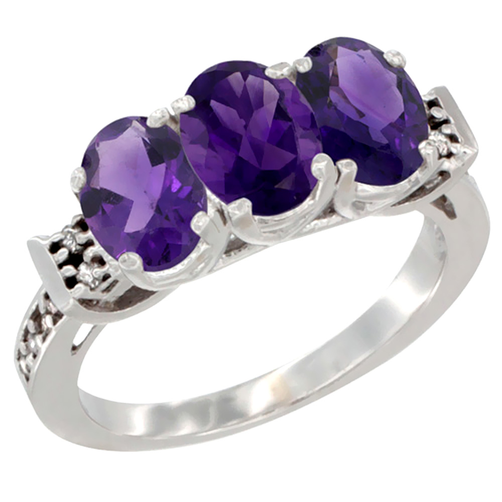 10K White Gold Natural Amethyst Ring 3-Stone Oval 7x5 mm Diamond Accent, sizes 5 - 10