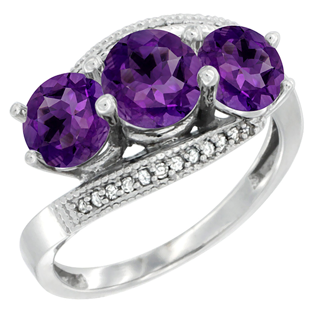 10K White Gold Natural Amethyst 3 stone Ring Round 6mm Diamond Accent, sizes 5 - 10