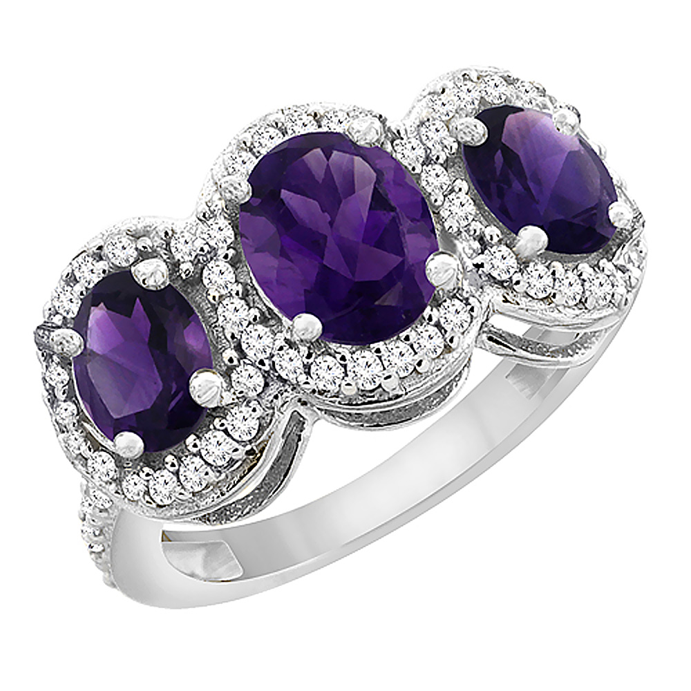 14K White Gold Natural Amethyst 3-Stone Ring Oval Diamond Accent, sizes 5 - 10