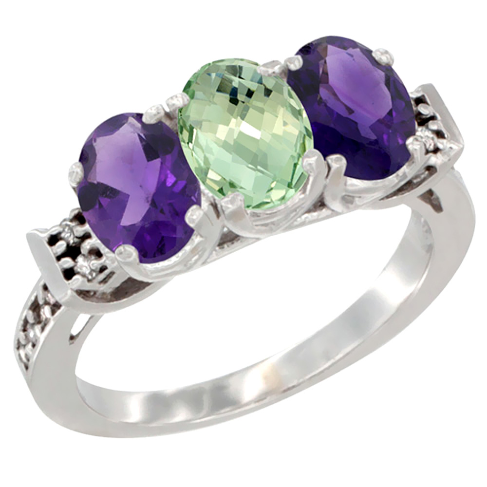 14K White Gold Natural Purple & Green Amethysts Ring 3-Stone 7x5 mm Oval Diamond Accent, sizes 5 - 10