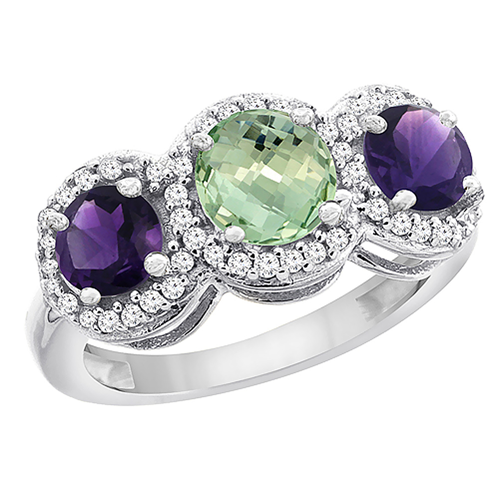 14K White Gold Natural Green Amethyst & Amethyst Sides Round 3-stone Ring Diamond Accents, sizes 5 - 10