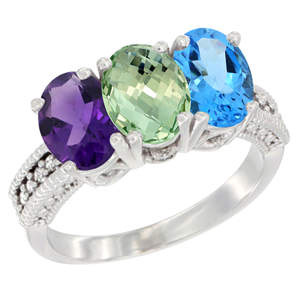 10K White Gold Natural Amethyst, Green Amethyst & Swiss Blue Topaz Ring 3-Stone Oval 7x5 mm Diamond Accent, sizes 5 - 10