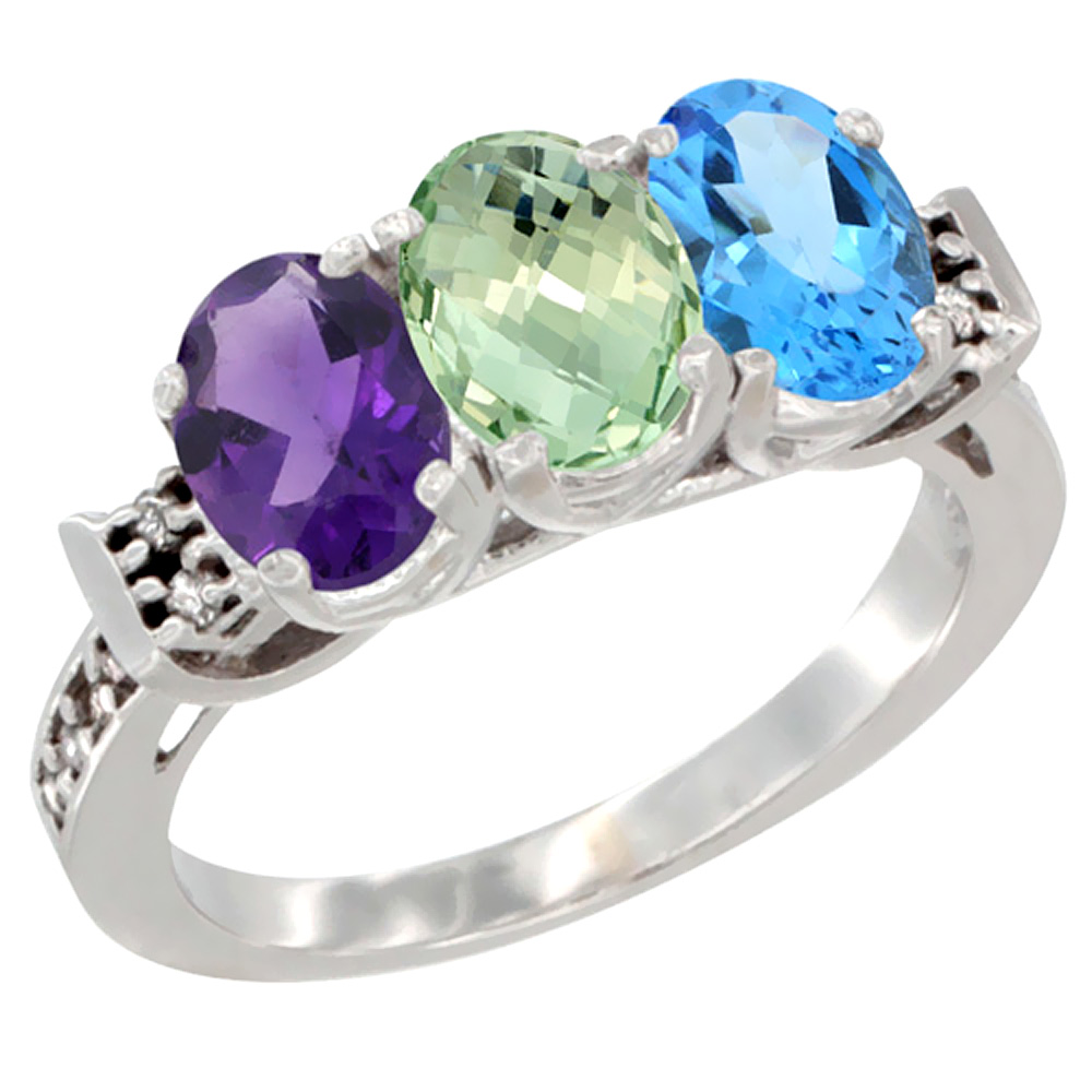 14K White Gold Natural Amethyst, Green Amethyst & Swiss Blue Topaz Ring 3-Stone 7x5 mm Oval Diamond Accent, sizes 5 - 10