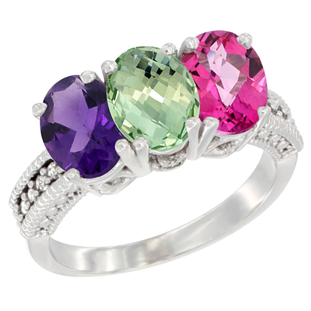 14K White Gold Natural Amethyst, Green Amethyst & Pink Topaz Ring 3-Stone 7x5 mm Oval Diamond Accent, sizes 5 - 10