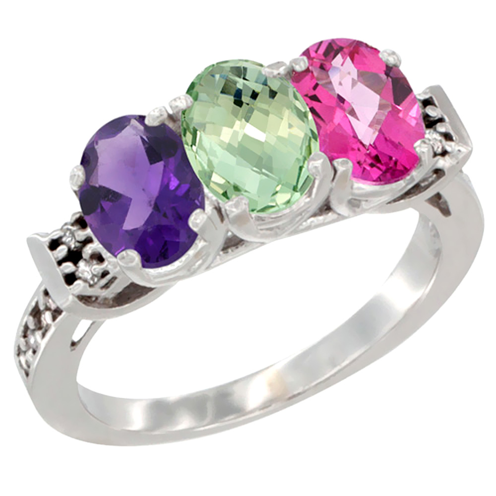 14K White Gold Natural Amethyst, Green Amethyst & Pink Topaz Ring 3-Stone 7x5 mm Oval Diamond Accent, sizes 5 - 10