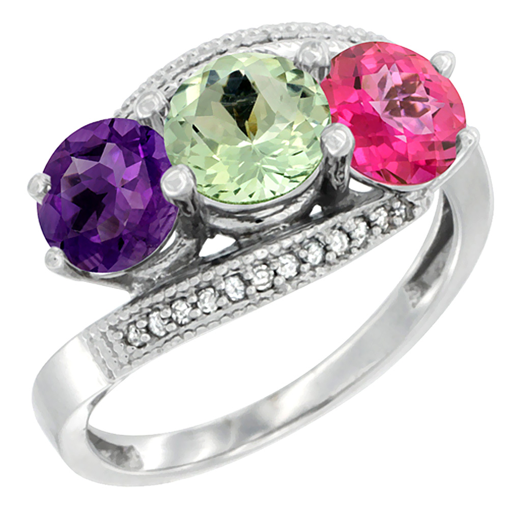 14K White Gold Natural Amethyst, Green Amethyst &amp; Pink Topaz 3 stone Ring Round 6mm Diamond Accent, sizes 5 - 10
