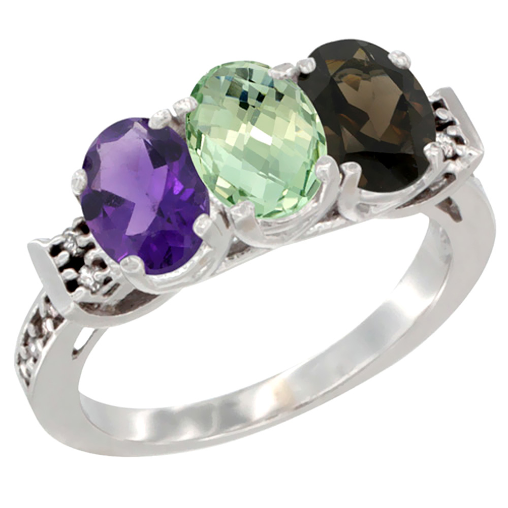 10K White Gold Natural Amethyst, Green Amethyst & Smoky Topaz Ring 3-Stone Oval 7x5 mm Diamond Accent, sizes 5 - 10