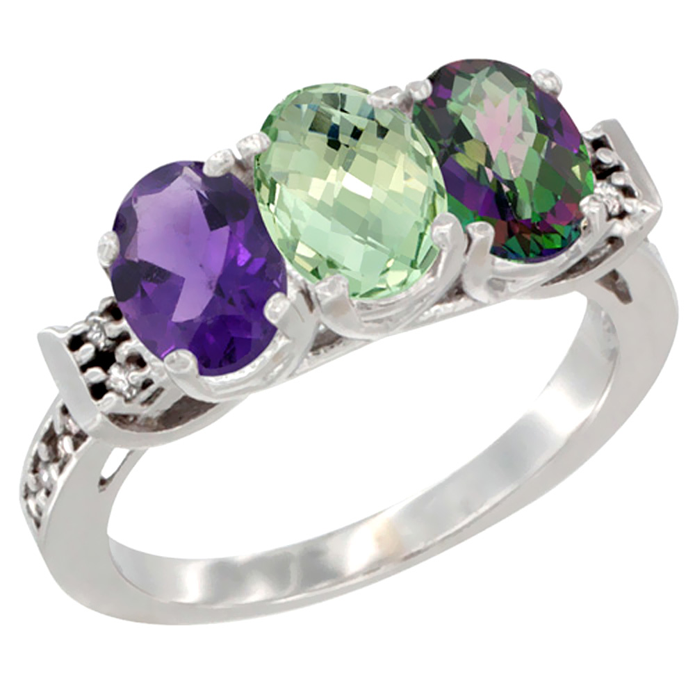 10K White Gold Natural Amethyst, Green Amethyst & Mystic Topaz Ring 3-Stone Oval 7x5 mm Diamond Accent, sizes 5 - 10