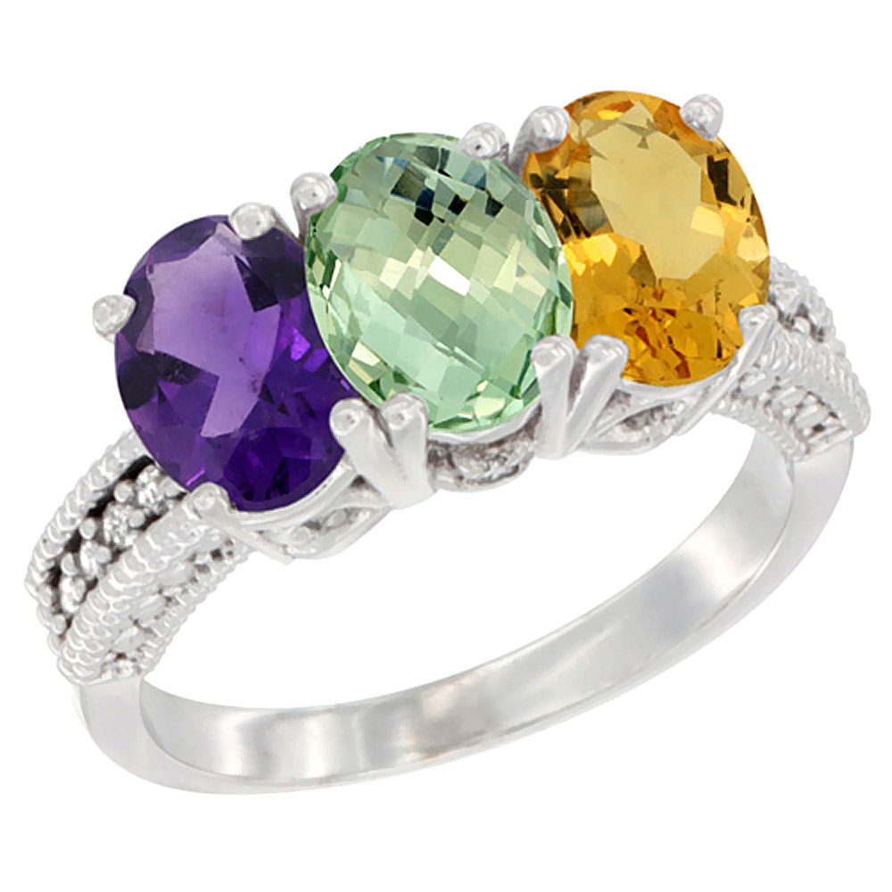 10K White Gold Natural Amethyst, Green Amethyst &amp; Citrine Ring 3-Stone Oval 7x5 mm Diamond Accent, sizes 5 - 10