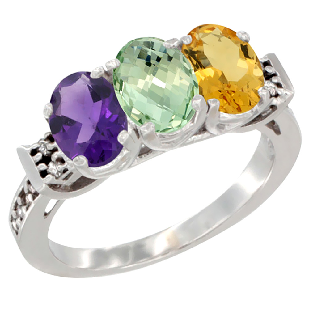 14K White Gold Natural Amethyst, Green Amethyst & Citrine Ring 3-Stone 7x5 mm Oval Diamond Accent, sizes 5 - 10