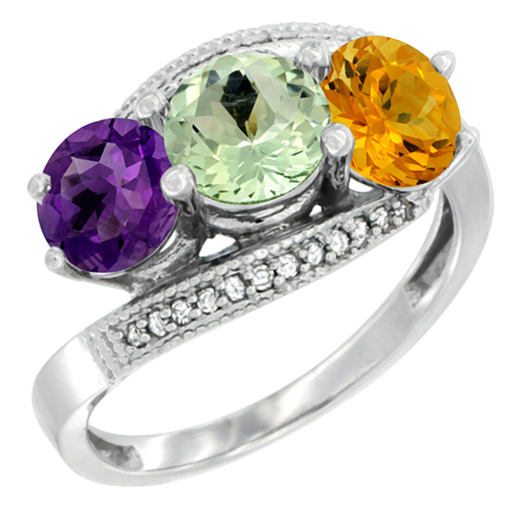 14K White Gold Natural Amethyst, Green Amethyst & Citrine 3 stone Ring Round 6mm Diamond Accent, sizes 5 - 10