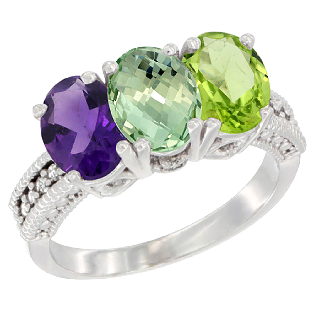 10K White Gold Natural Amethyst, Green Amethyst &amp; Peridot Ring 3-Stone Oval 7x5 mm Diamond Accent, sizes 5 - 10