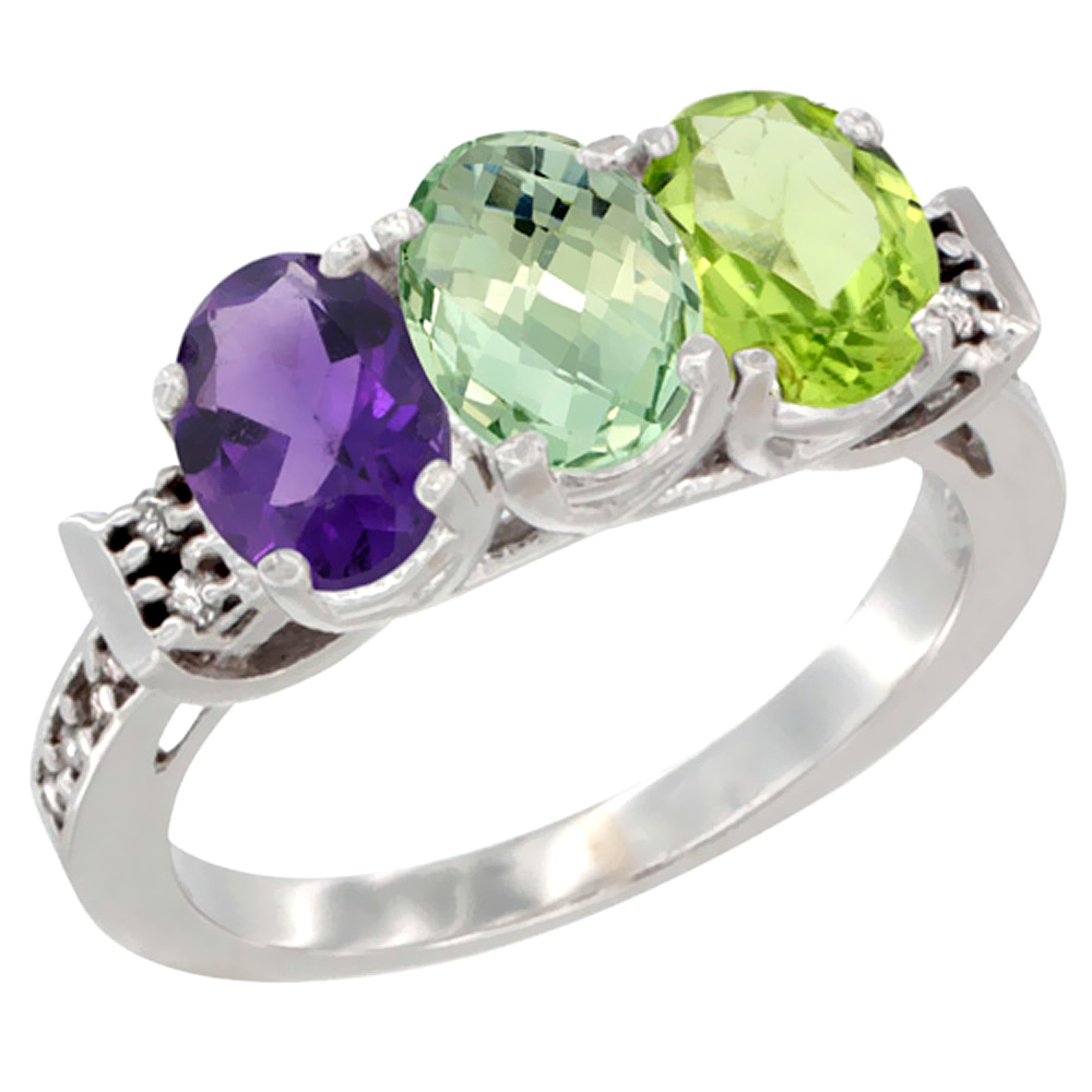 14K White Gold Natural Amethyst, Green Amethyst &amp; Peridot Ring 3-Stone 7x5 mm Oval Diamond Accent, sizes 5 - 10